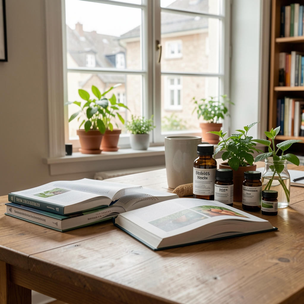 Helles, ruhiges Arbeitszimmer mit Holztisch, aufgeschlagenen Fachbüchern zur Ernährungswissenschaft und botanischen Pflanzenpräparaten vor einem großen Fenster