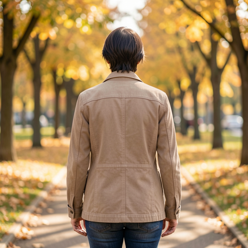 Person beim ruhigen Morgenspaziergang in einem stadtnahen Park — Ganzkörperaufnahme von hinten, helles Herbstlicht zwischen Bäumen, keine Gesichter sichtbar