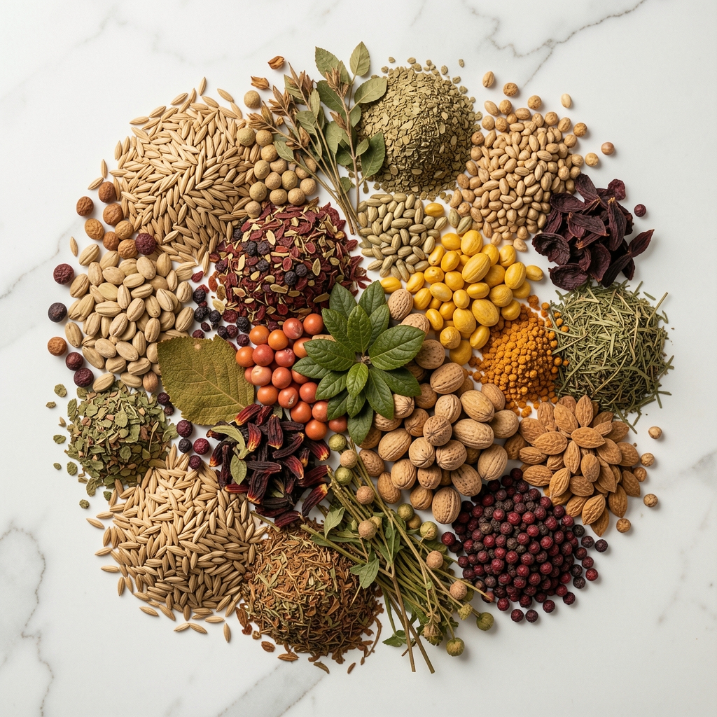 Verschiedene typische Alltagsmahlzeiten aus unterschiedlichen europäischen Regionen nebeneinander auf einem langen Tisch — bunte Vielfalt regionaler Küchen, Draufsicht