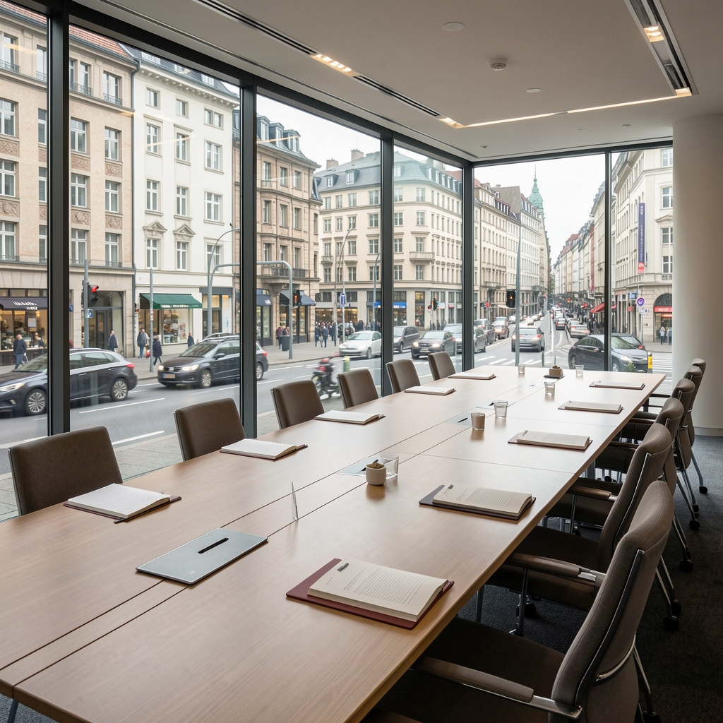 Heller moderner Konferenzraum mit langen Tischen, Notizbüchern und Glasfassade mit Blick auf eine belebte Stadtstraße in Frankfurt