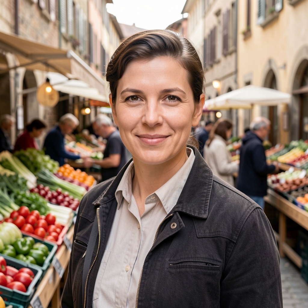 Belebter Wochenmarkt mit frischen Saisongemüse-Ständen in einer europäischen Altstadt, Menschen beim Einkauf bei natürlichem Tageslicht